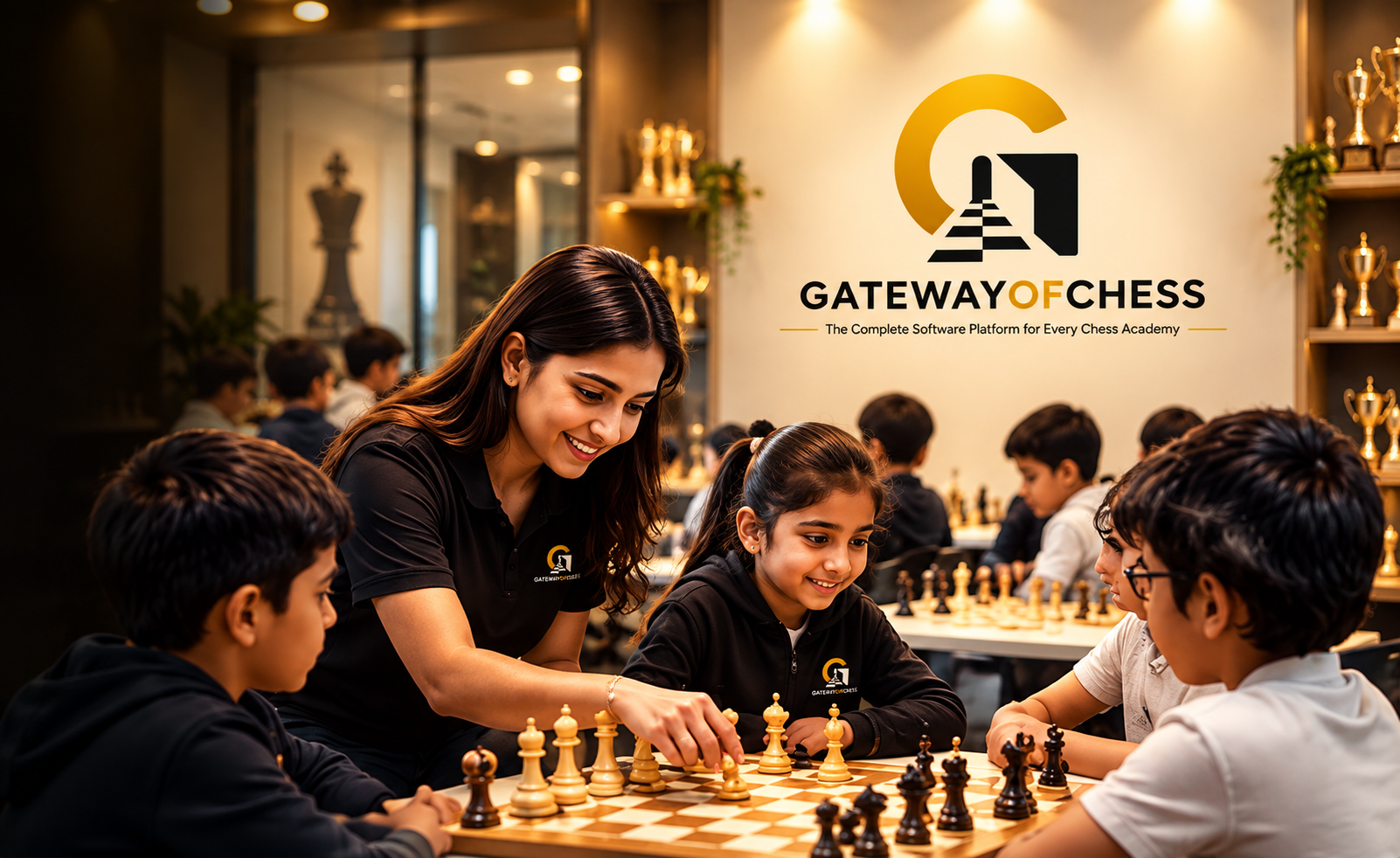 Coach guiding students beside the GatewayOfChess mark